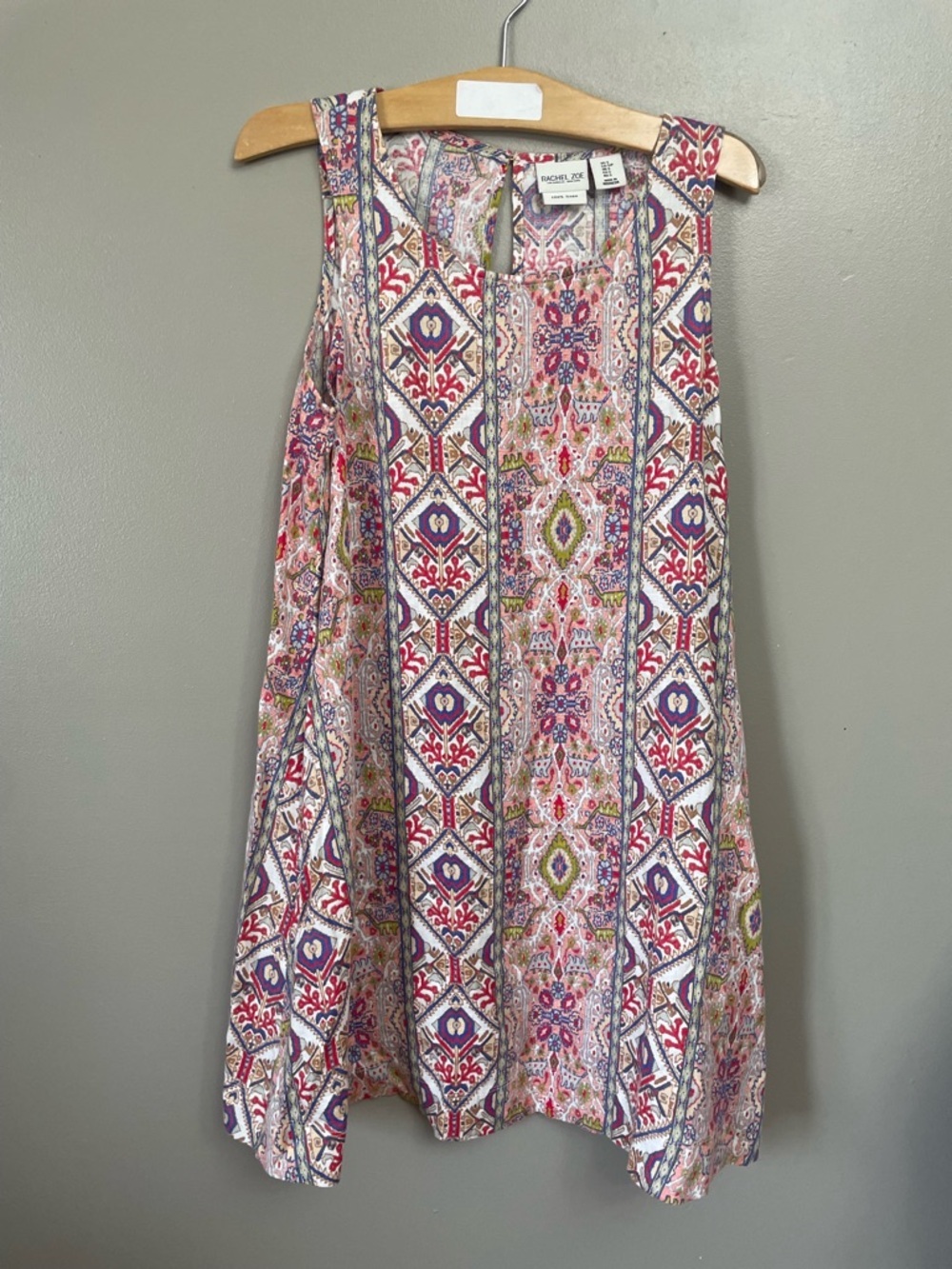 Rachel Zoe Linen Sleeveless Shift Dress‎ Boho Geometric Print Pockets small